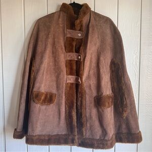Vintage Brown Suede Shearling Cape Coat